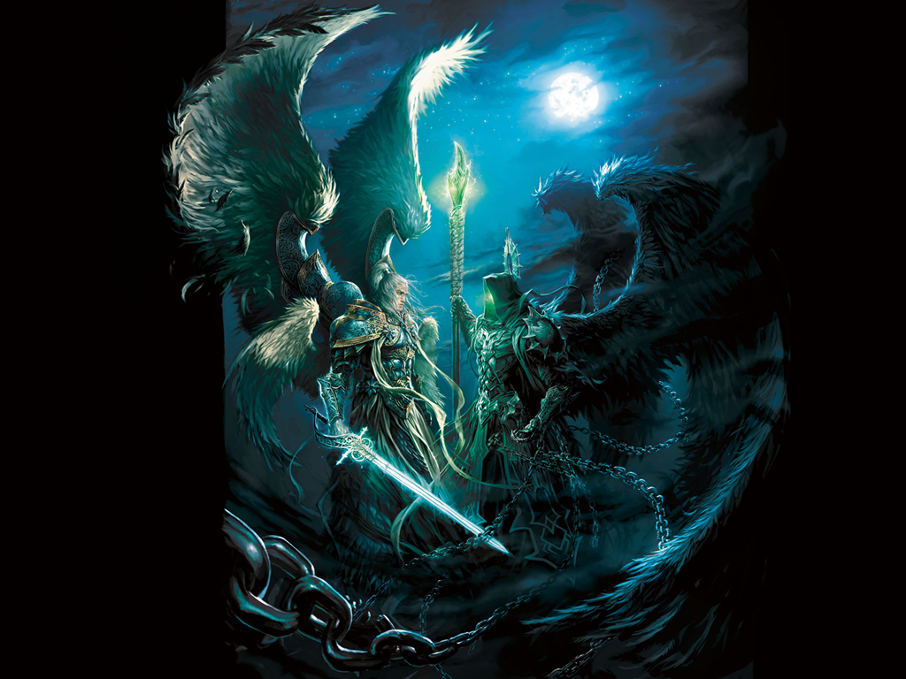 Ключевой концепт-арт посвященный Might & Magic Heroes VI Complete Edition.  Архангел Михаил и падший ангел Белкеш, лидер культа Некромантов и наставник Сандро, лицом к лицу.