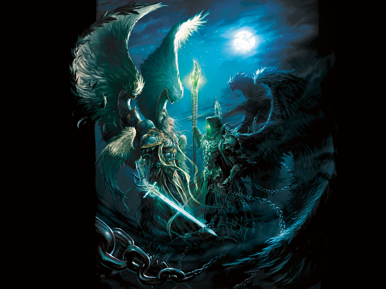 Ключевой концепт-арт посвященный Might & Magic Heroes VI Complete Edition.  Архангел Михаил и падший ангел Белкеш, лидер культа Некромантов и наставник Сандро, лицом к лицу.